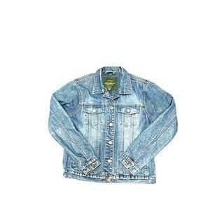 EDDIE Bauer Womens Dark‎ Wash Distressed Jean Jacket Size Small